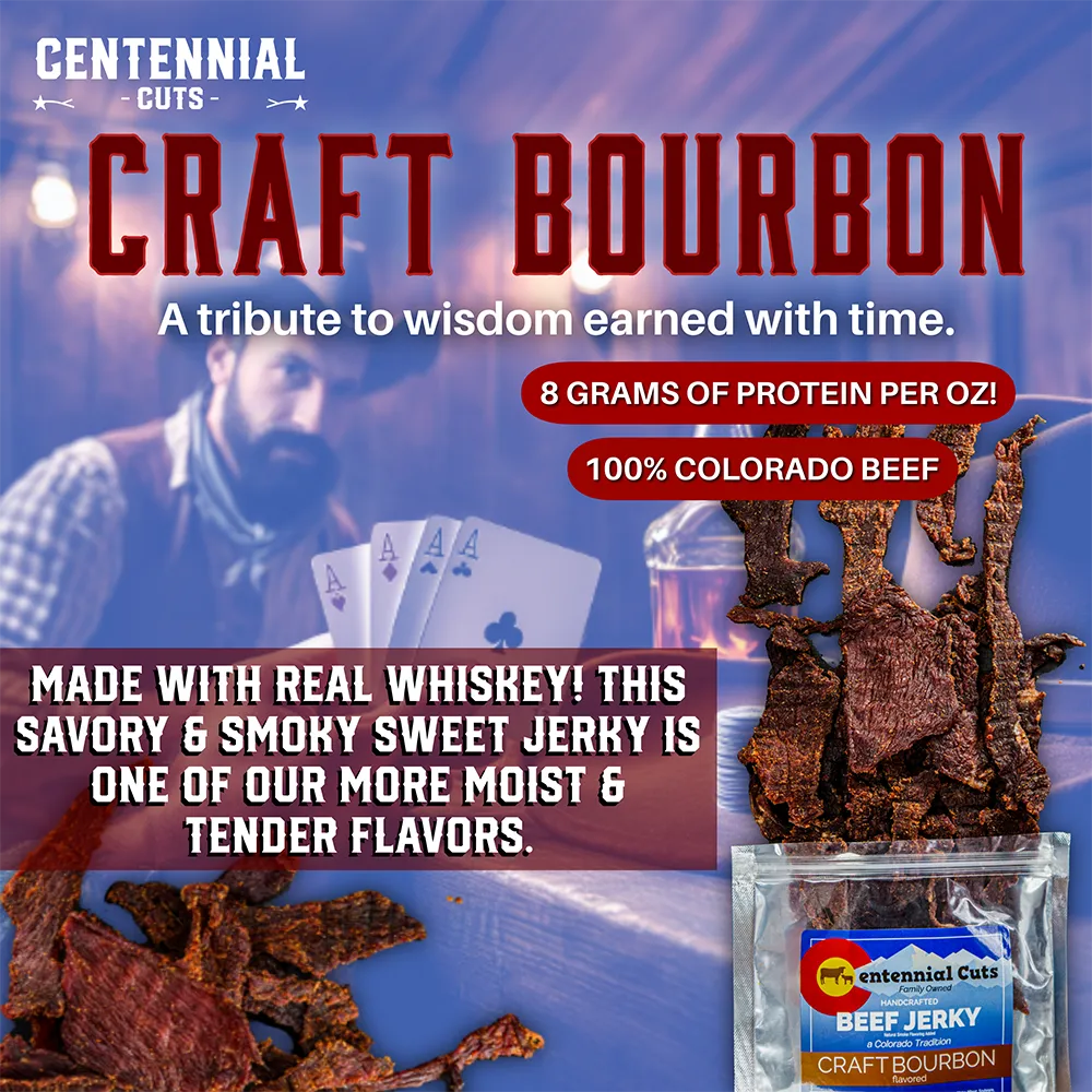 Centennial Cuts Craft Bourbon beef jerky - made with real whiskey this savory and smoky sweet jerky is one of our more moist and tender flavors