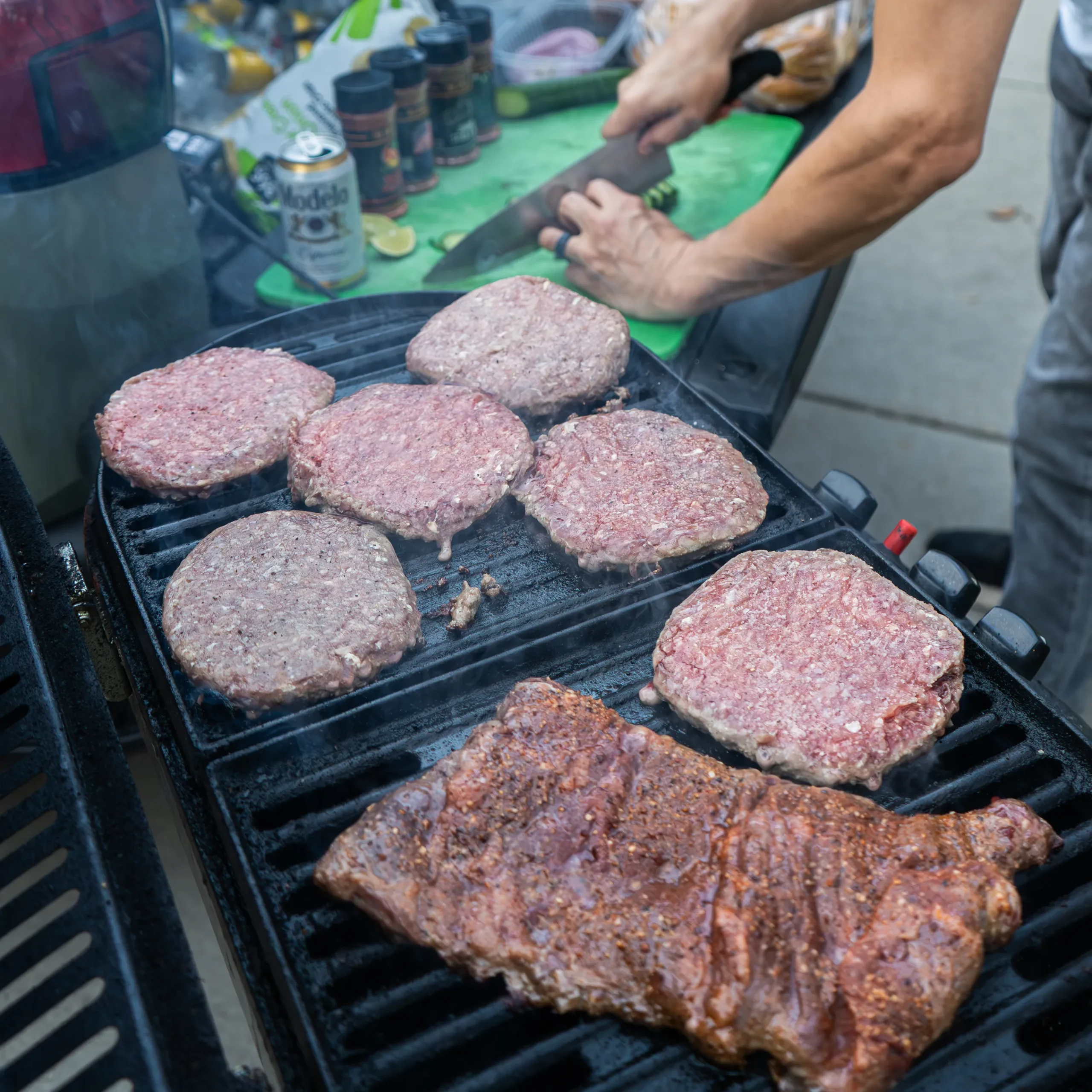 Tailgate Burgers and Skirt Steak on Grill