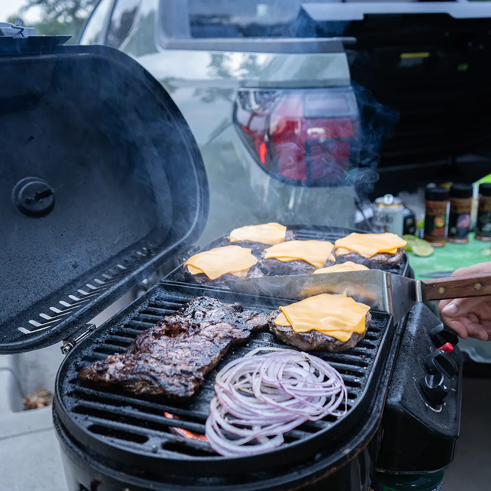 Tailgate box grilled skirt burgers with cheese