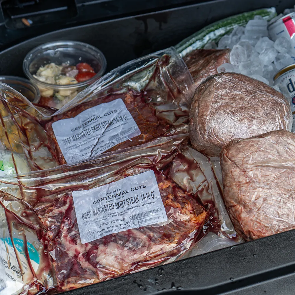 Centennial Cuts premium Tailgater bundle - showing marinated skirt steak pkgs 2lbs and burger patties